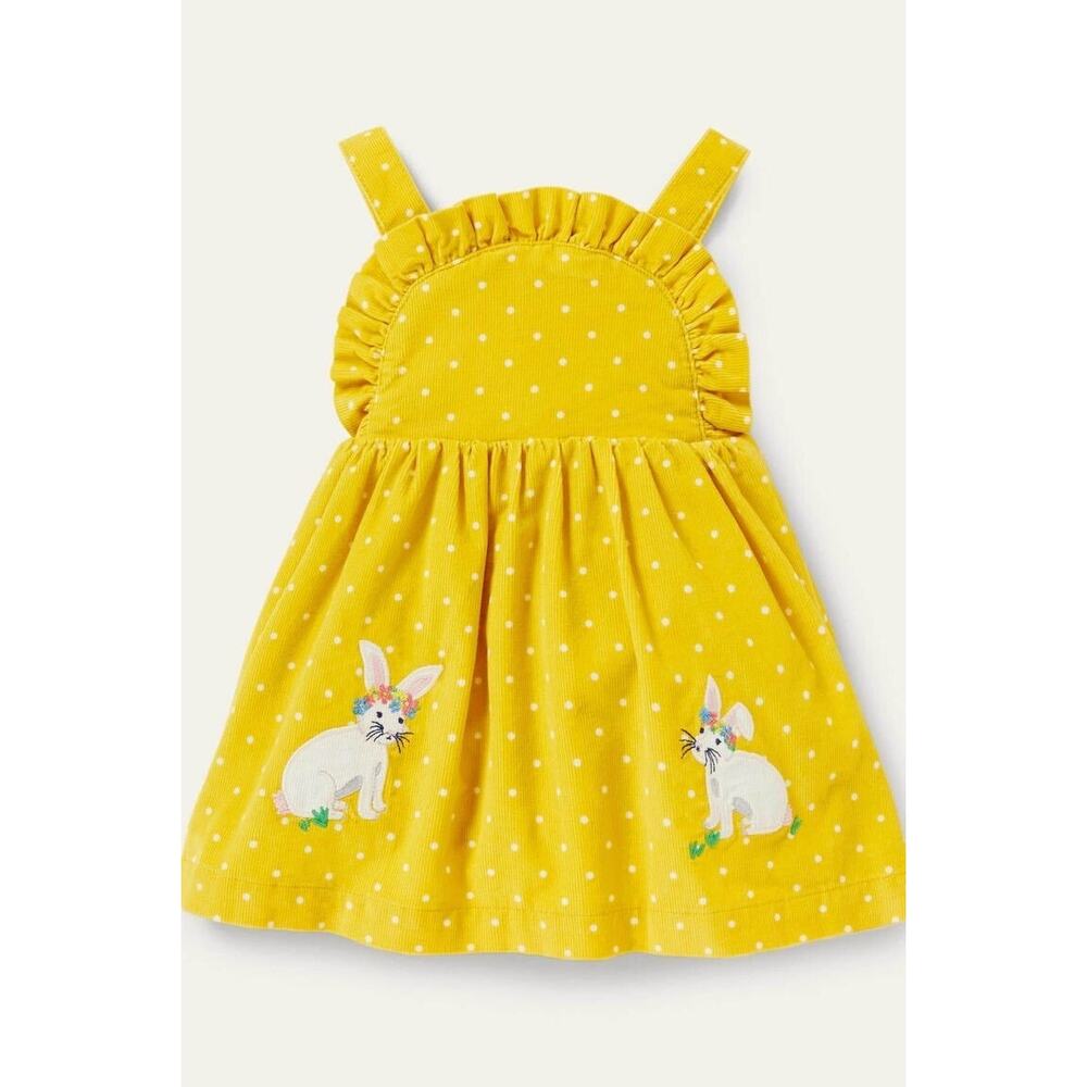 Baby Boden Yellow Polka Dot Corduroy Bunny Applique Pinafore Dress Sz 12-18 mnth